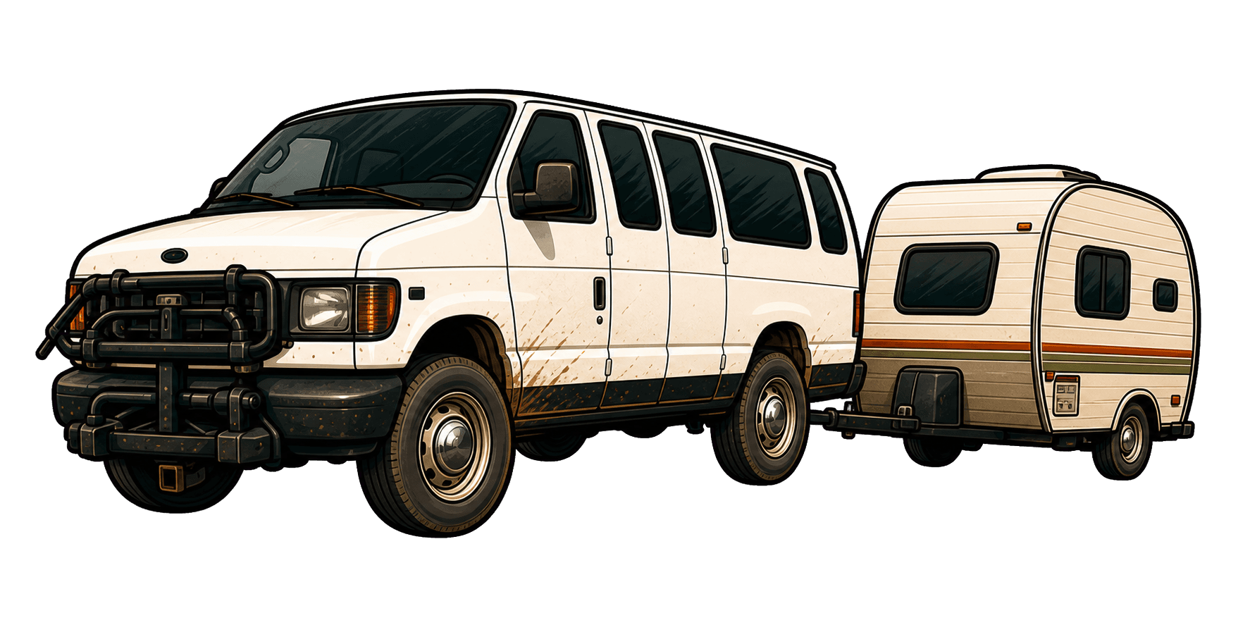 Vintage white van towing a camper