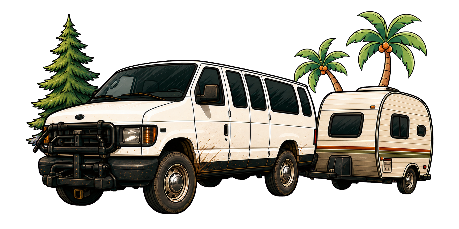 Vintage white van towing a camper with a Douglas fir and palm trees